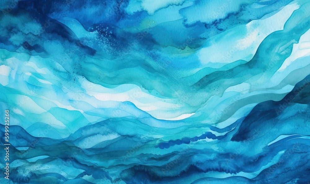  a painting of blue water with white clouds in the background.  generative ai