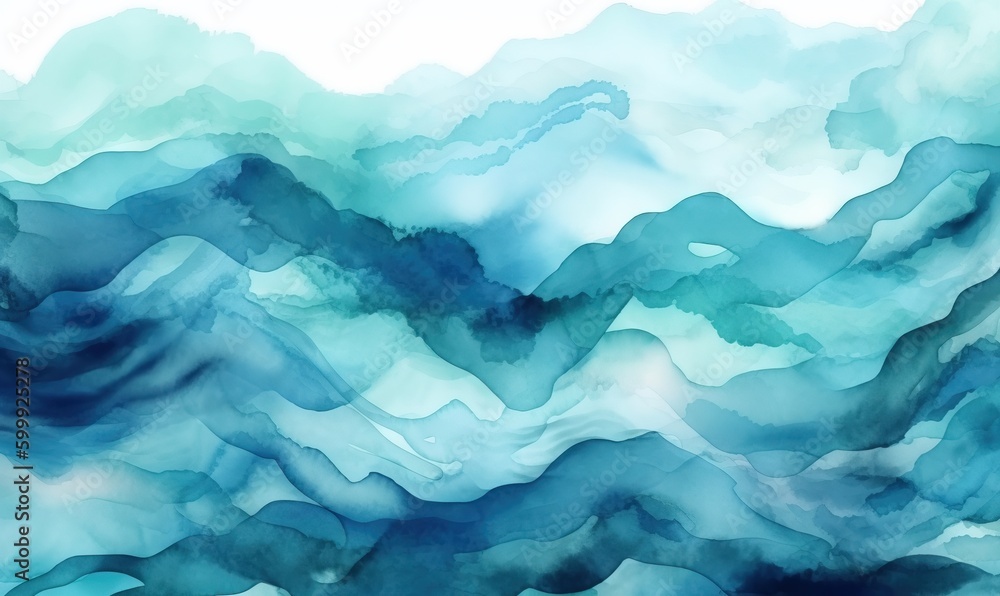  a painting of blue waves on a white background with a blue sky in the background.  generative ai