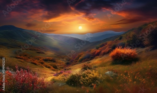  a painting of a beautiful sunset over a mountain valley with wildflowers. generative ai