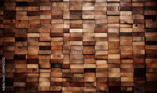  a wall made of wooden blocks with a brown background and a black background.  generative ai