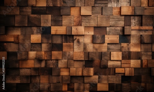  a wooden wall made up of squares of different sizes and colors. generative ai