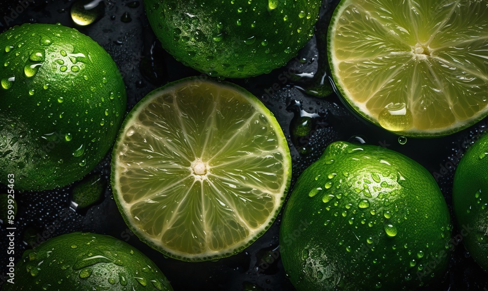 a group of limes with water droplets on them and one cut in half. generative ai a group of limes with water droplets on them and one cut in half. generative ai