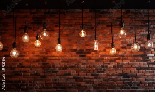  a bunch of light bulbs hanging from a brick wall in a restaurant. generative ai