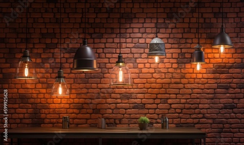  a brick wall with a table and several lights on it. generative ai