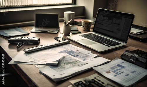 a set of laptop, documents and papers on a desk