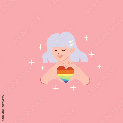 girl and flags with an LGBT rainbow and a transgender flag during the celebration of the month of pride against violence, descriptions, human rights violations. Equality and self-affir