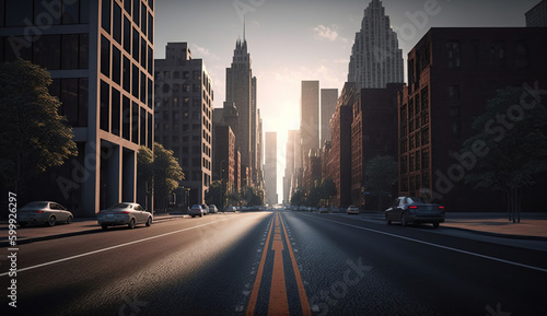 empty asphalt road of a modern city with skyscrapers. Generative Ai