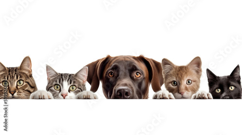 Dogs and cats peeking over web banner isolated white background. Al generated