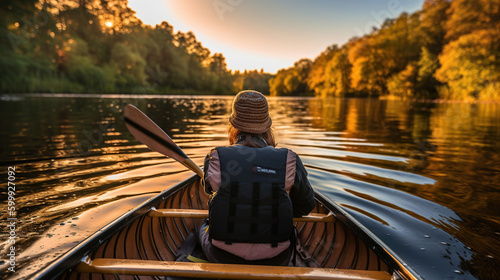 Taking boat ride or canoe around lake. AI generated © maniacvector