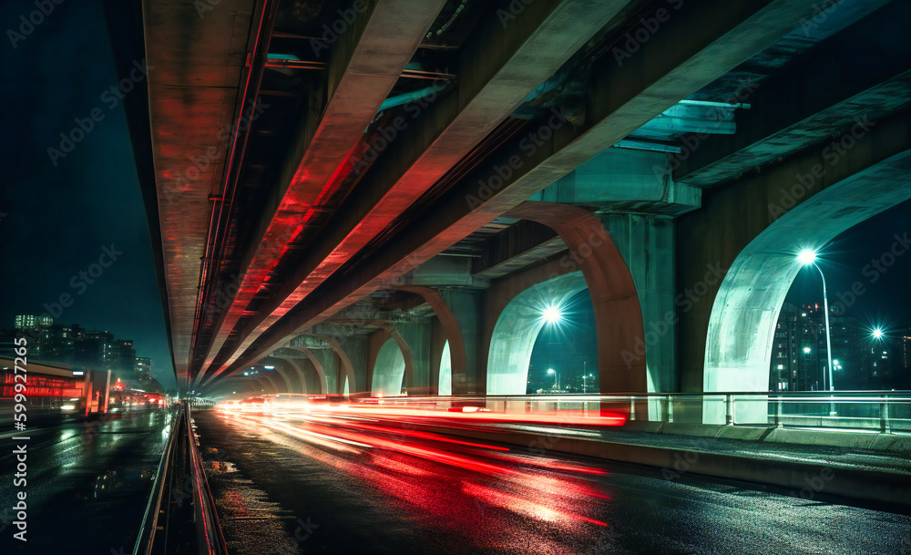 city traffic under bridge with light trails road