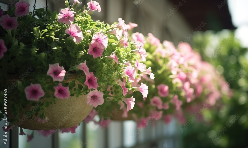  a row of hanging flower pots filled with pink and white flowers.  generative ai