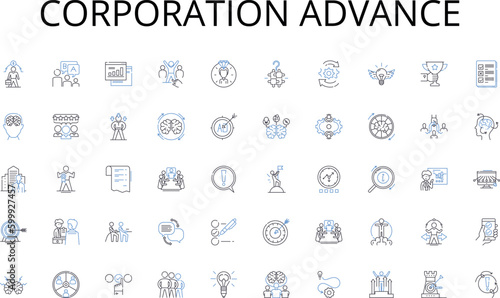Corporation advance line icons collection. Publish, Newspaper, Media, Journalism, Editor, Headline, Reporter vector and linear illustration. Pressroom,Communication,Print outline signs set