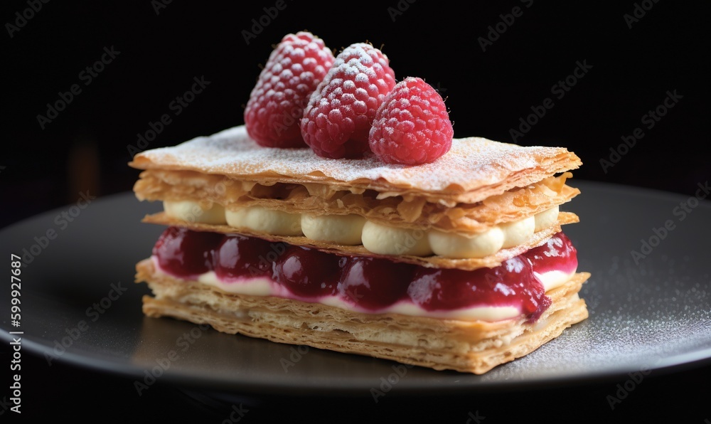 a stack of waffles with raspberries on top. generative ai a stack of waffles with raspberries on top. generative ai