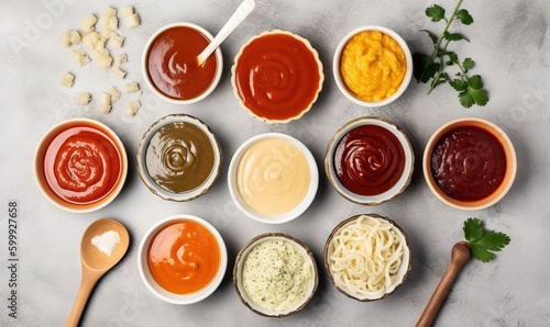 a variety of sauces and condiments in bowls.  generative ai