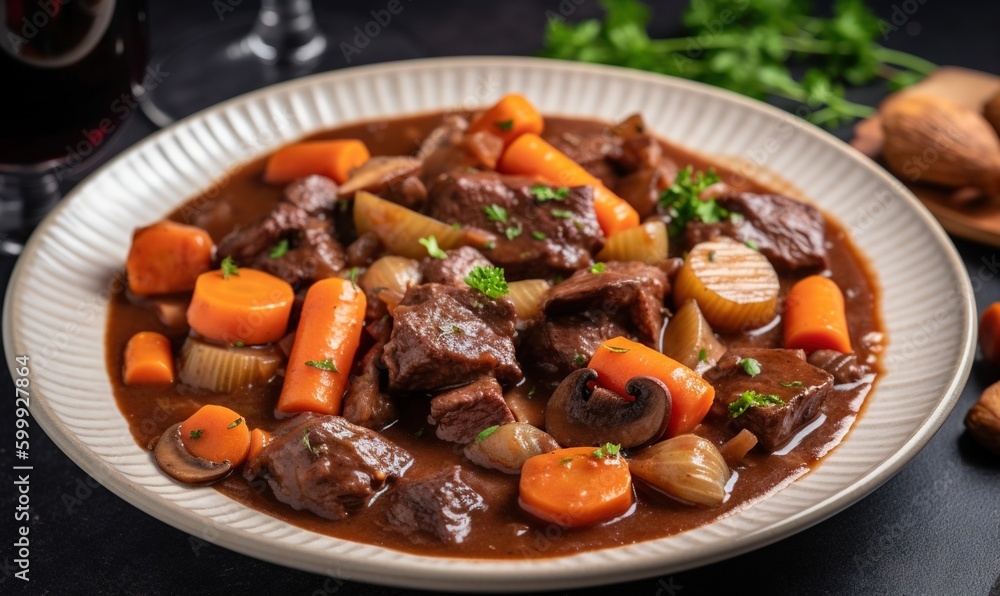 a bowl of beef stew with carrots and potatoes on a table. generative ai a bowl of beef stew with carrots and potatoes on a table. generative ai