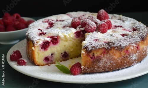  a white plate topped with a cake covered in raspberries. generative ai