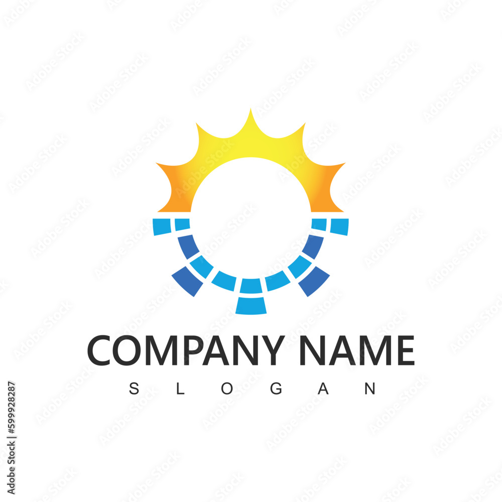 Fototapeta premium Solar Cell Logo, Renewable Energy Symbol Using Sun With Solar panel Icon