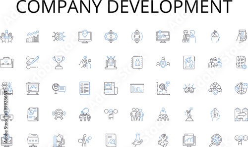 Company development line icons collection. Market, Trading, Auction, Transaction, Exchange, Buyout, Bargain vector and linear illustration. Bid,Resale,Deal outline signs set