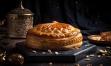 a large pastry sitting on top of a black table next to a gold plate.  generative ai
