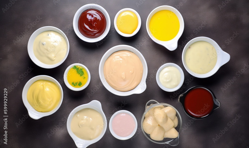 a table topped with bowls filled with different types of sauces. generative ai a table topped with bowls filled with different types of sauces. generative ai