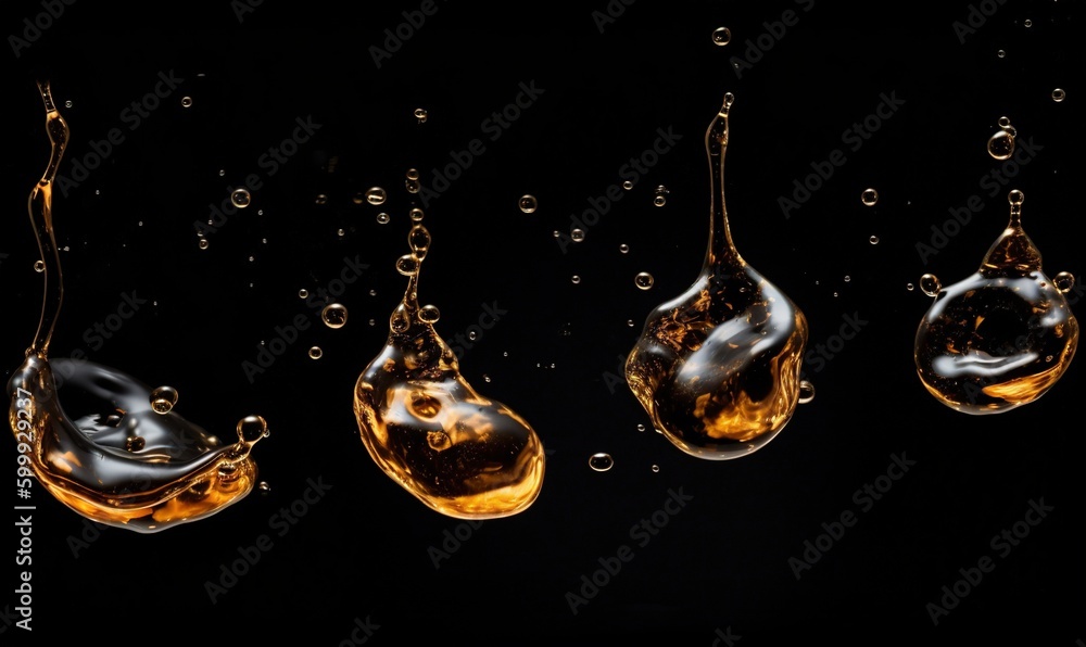  three drops of liquid are shown in the dark, with a black background.  generative ai
