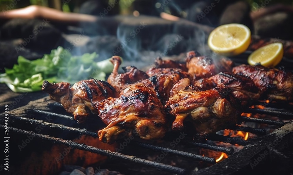  a close up of chicken on a grill with lemons.  generative ai