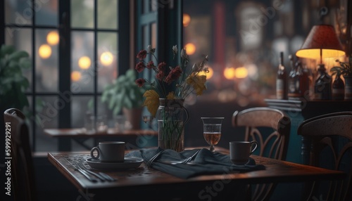 Outdoor empty coffee and restaurant terrace with potted plants tables and chairs. A served table in cozy street cafe in autumn rainy day With colorfull leaves and green plants. Generative AI