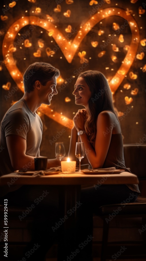 Young couple in love having dinner at a romantic restaurant. Concept: Love. Generative AI Young couple in love having dinner at a romantic restaurant. Concept: Love. Generative AI