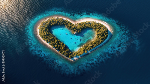 Love heart shape island in middle of blue sea. Generative Ai