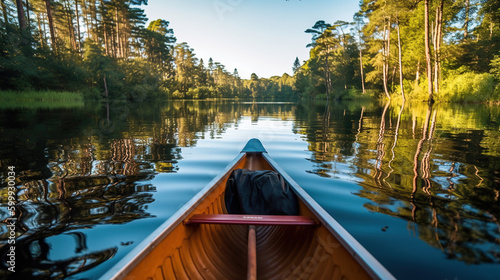 Taking boat ride or canoe around lake. Generative Ai © maniacvector
