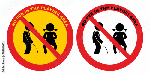 No pee in the playing area, set two icon, red circle sings, vector symbol, children, baby