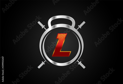 English alphabet L with gym and fitness sign. Lifting vector logo design. Vector logo for bodybuilding