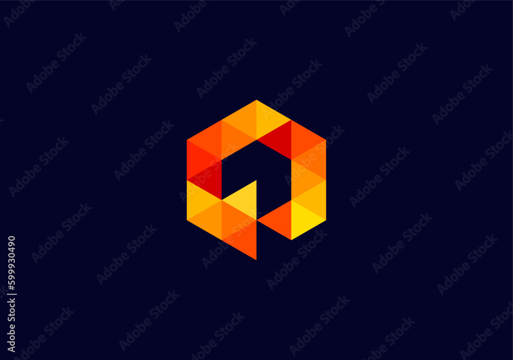 geometric shape based a hexagon and some orange triangle shade color featuring a letter Q and E logo symbol geometric shape based a hexagon and some orange triangle shade color featuring a letter Q and E logo symbol
