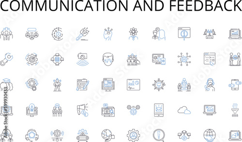 Communication and feedback line icons collection. Bitcoin, Ethereum, Blockchain, Altcoins, Wallet, Decentralization, Exchange vector and linear illustration. HODL,Mining,Market outline signs set