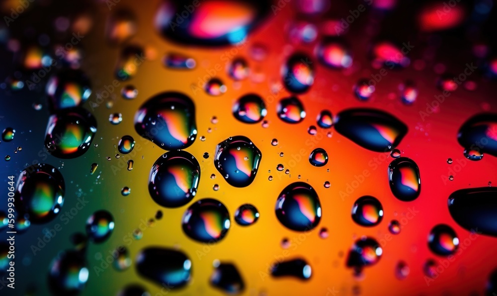  a close up of water droplets on a rainbow colored surface.  generative ai
