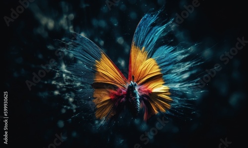  a colorful butterfly flying through the air on a black background. generative ai