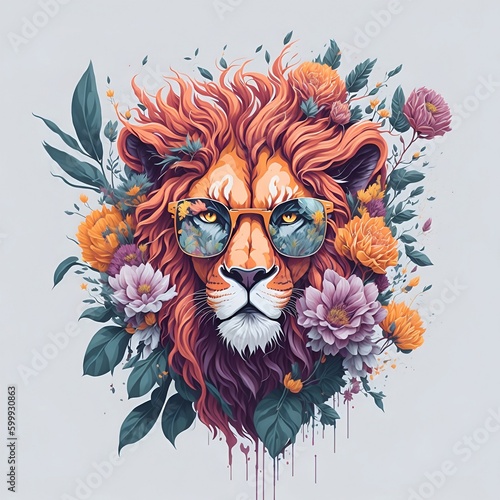 A lion with glasses. Illustration of a lion with sunglasses surrounded by colorful flowers.