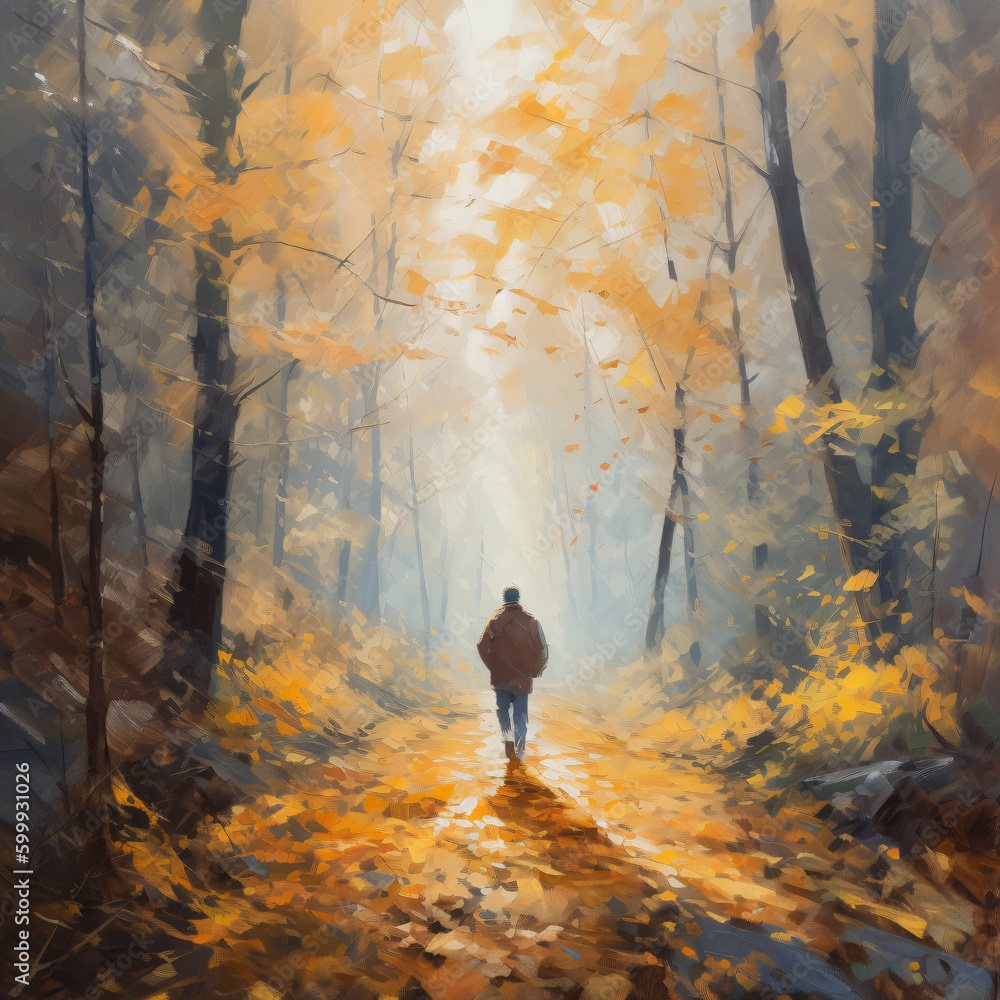 A person walking down a path in autumn in the forest Generative Ai