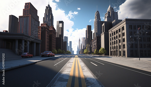 empty asphalt road of a modern city with skyscrapers. Generative Ai