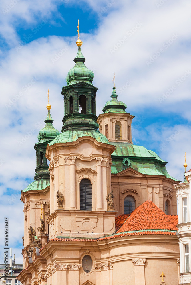 Baroque art and architecture in Prague. Church of Saint Nicholas beautiful dome and twin bell towers erected in 18th centuty in Stare Mesto (Old Town) district
