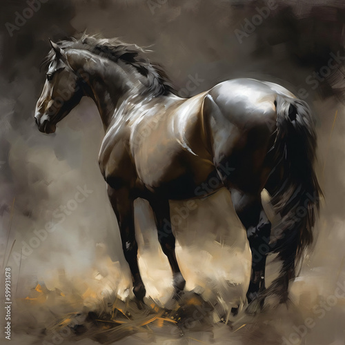 painting of a black horse standing in a field Generative Ai © Eduardo