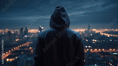 A faceless thief in unrecognizable hoodie standing in the middle of the night in front of the city concept. Generative Ai.