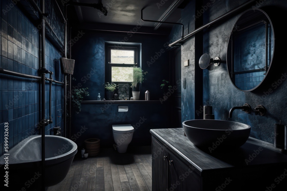 dark tones bathroom with black faucet, wc and led lights