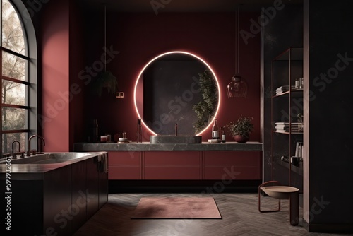 Interior design details of exquisite modern contemporary bathroom with single vanity, marble decor and led mirror light