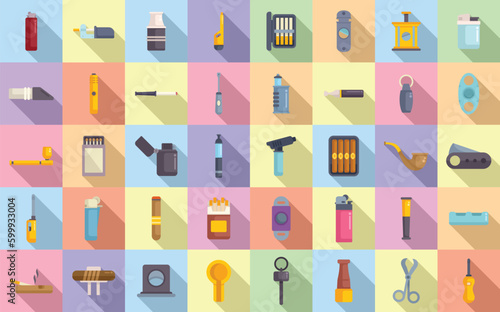 Cigarette and cigar accessories icons set flat vector. Box cutter. Pack burn