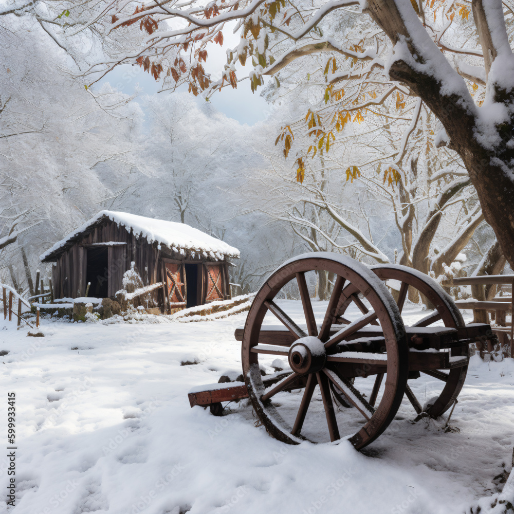 Fototapeta premium A snow covered field with a wagon wheel and a cabin in the background Generative Ai