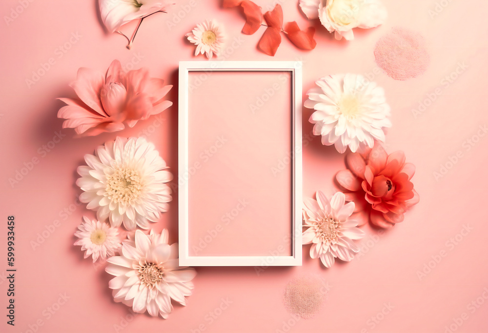 flowers with a white frame over pink background flowers with a white frame over pink background