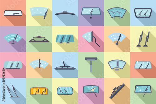 Windshield wiper icons set flat vector. Car blade. Automobile fluid