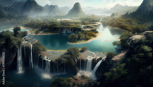 Waterfalls With A Large Lake of Landscape Background AI Generative