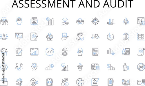 Assessment and audit line icons collection. Exploration, Rockets, Adventure, Aliens, Orbit, Planets, Zero gravity vector and linear illustration. Astronomy,Mission,Terraforming outline signs set